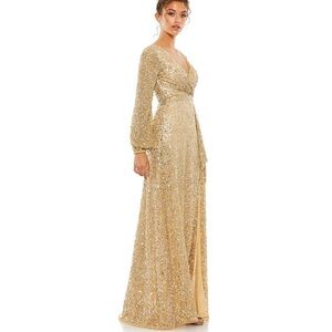 NWT Mac Duggal Champagne Full Sequin Front Slit Maxi Dress Size 6